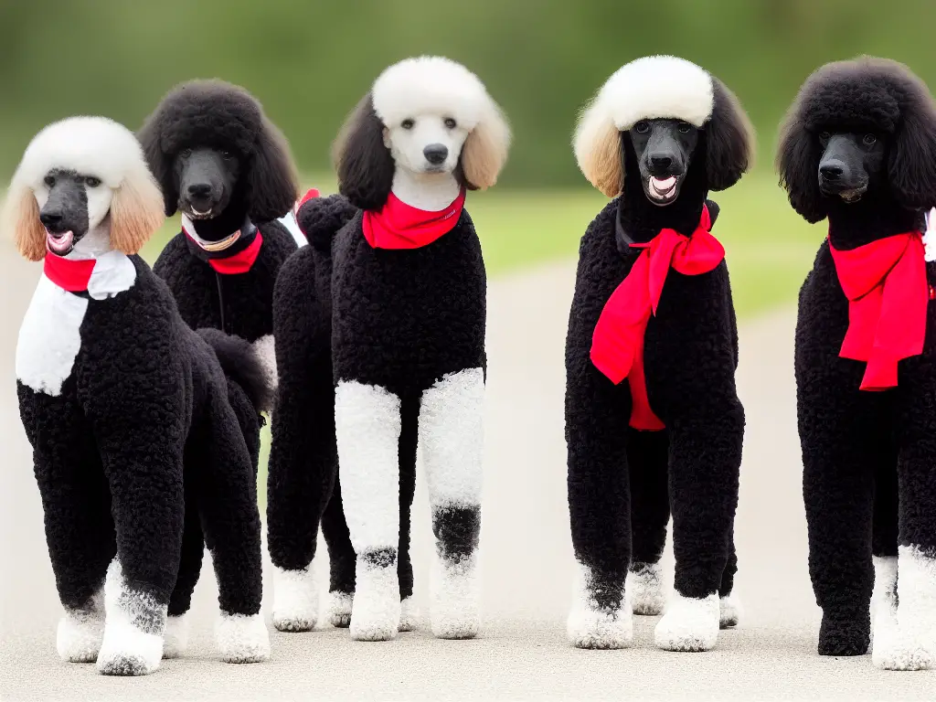 An image of three poodles in different colors (black, white, and red) standing side by side with their tails up and looking at the camera. The black poodle has a solid coat, the white has a parti-colored coat, and the red has a phantom coat with distinct markings on the head, legs, and tail.