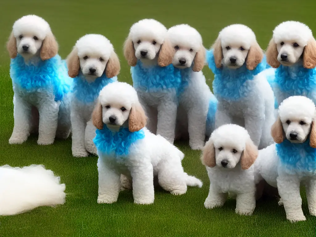 An image of four poodles with different rare coat colors - silver, cafe au lait, blue, and phantom.