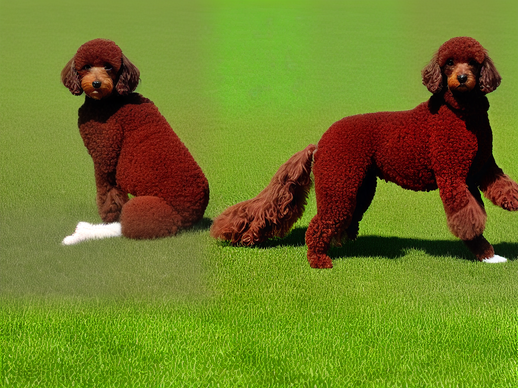 Image of a brown Poodle sitting on a field