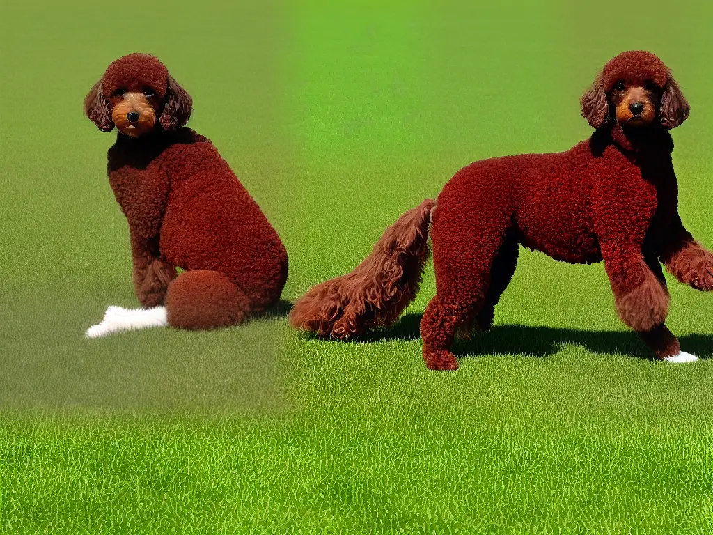 Image of a brown Poodle sitting on a field