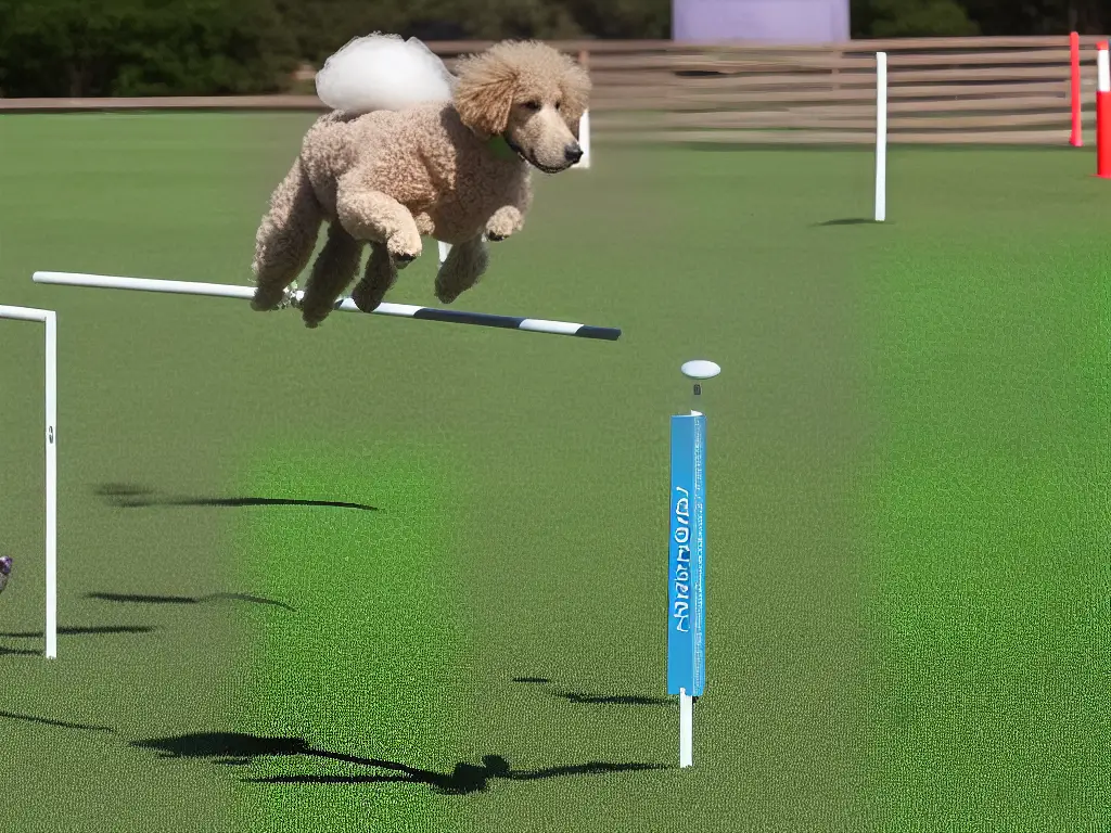 A Standard Poodle jumping over a hurdle on an agility course.