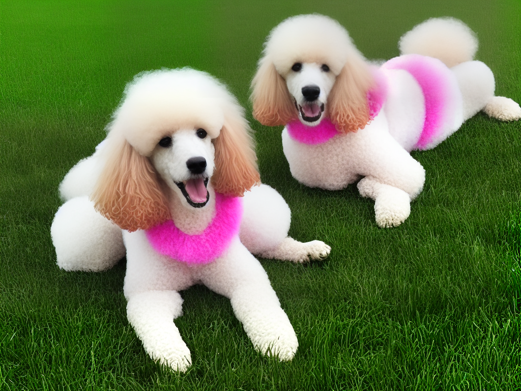 An adorable poodle with curly white fur and pink ears, sitting in the grass with a big smile on their face.