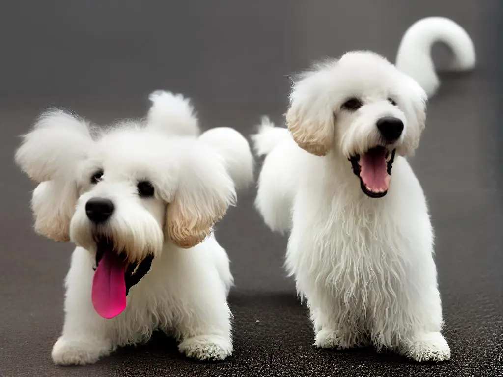 A white Poodle with its mouth open and a canine tooth visible