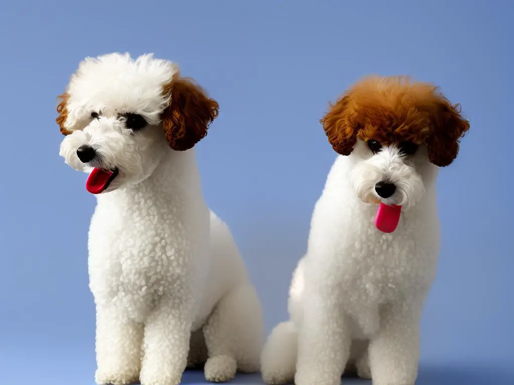 A small poodle sitting on a white background with a toothbrush in its mouth.