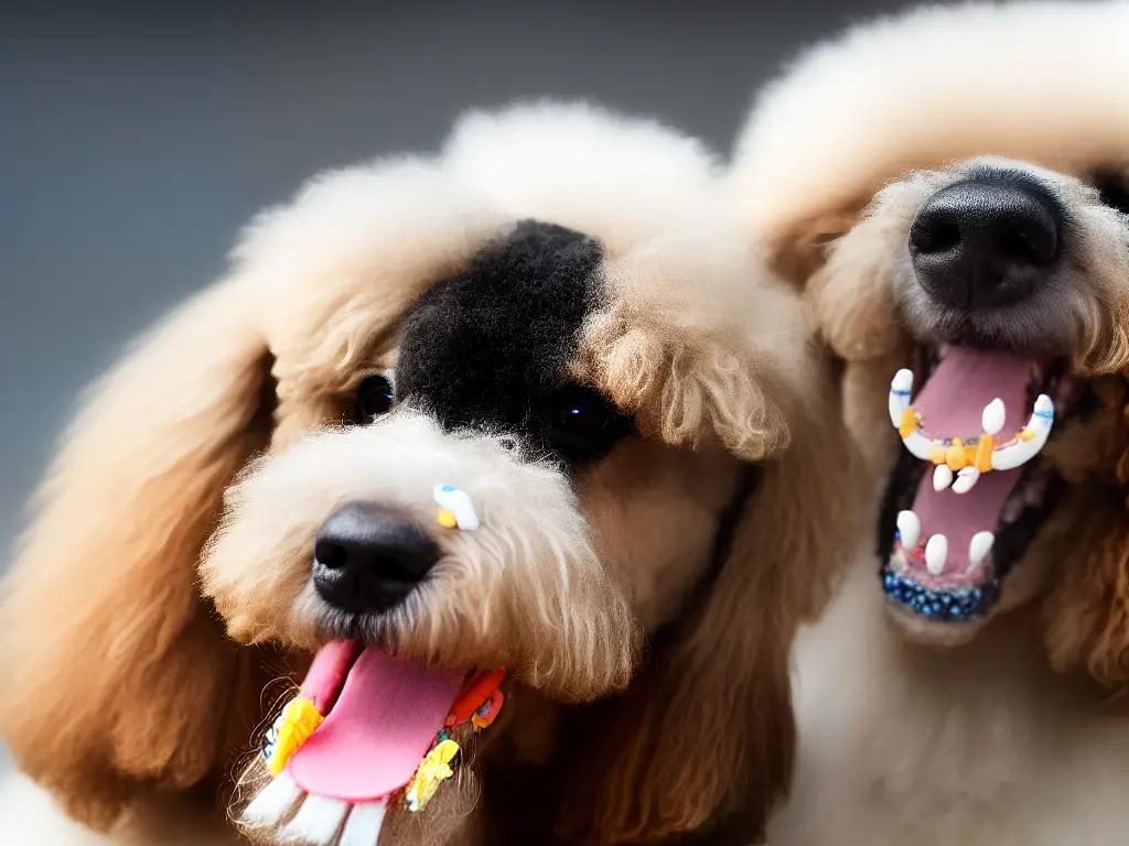 An image of a happy poodle with clean, white teeth smiling with a toothbrush in one hand and a dental chew toy in the other.