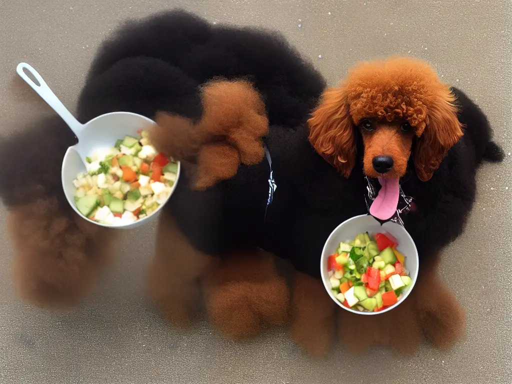A happy poodle with a shiny and healthy coat enjoying a bowl of fresh food and water.