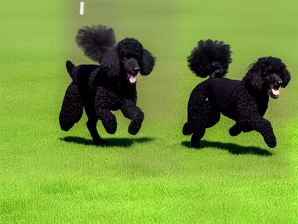 A black poodle happily running on a grassy field, with its ears flapping on the wind.