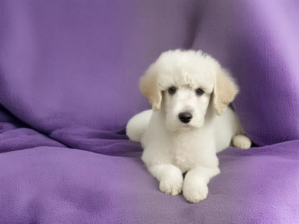 A white poodle with long ears laying on a purple blanket with its head resting on a pillow. The image shows where a poodle's ear infection could occur.