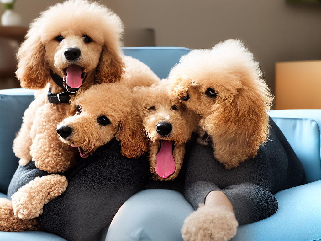 An image of a poodle receiving emotional support from its owner. The owner is sitting on a couch with the poodle in their lap, and they are both looking at each other with happy expressions. The poodle is wagging its tail.