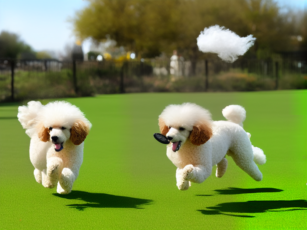 A cartoon image of a poodle running and playing outside in a park, with a tennis ball in its mouth.