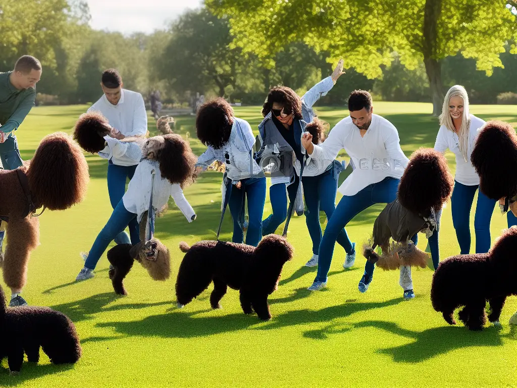 A group of poodles and their owners playing in a park