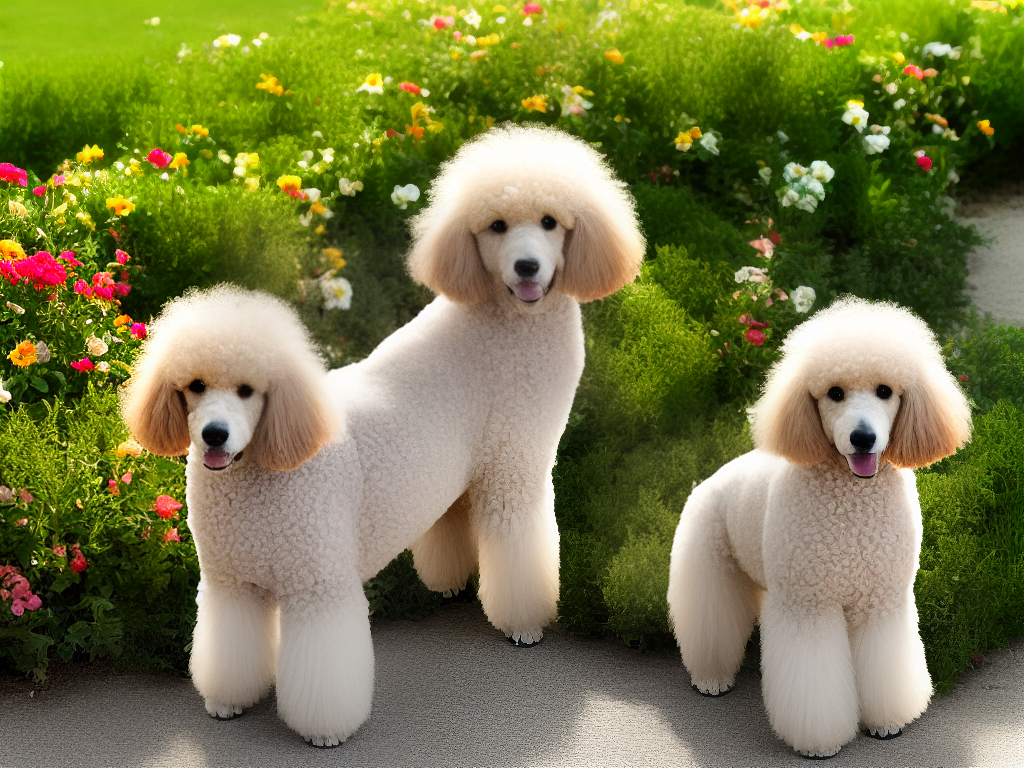 A cute salt-and-pepper colored poodle sitting next to a flower bed.