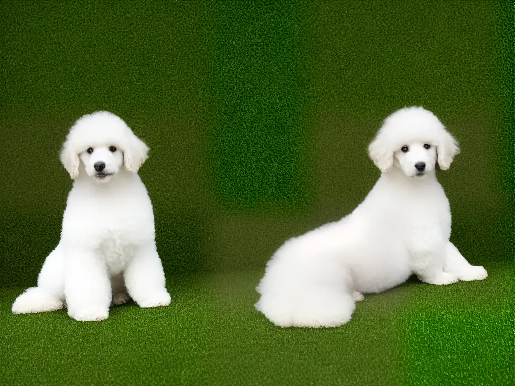 A white poodle with curly hair sitting on green grass