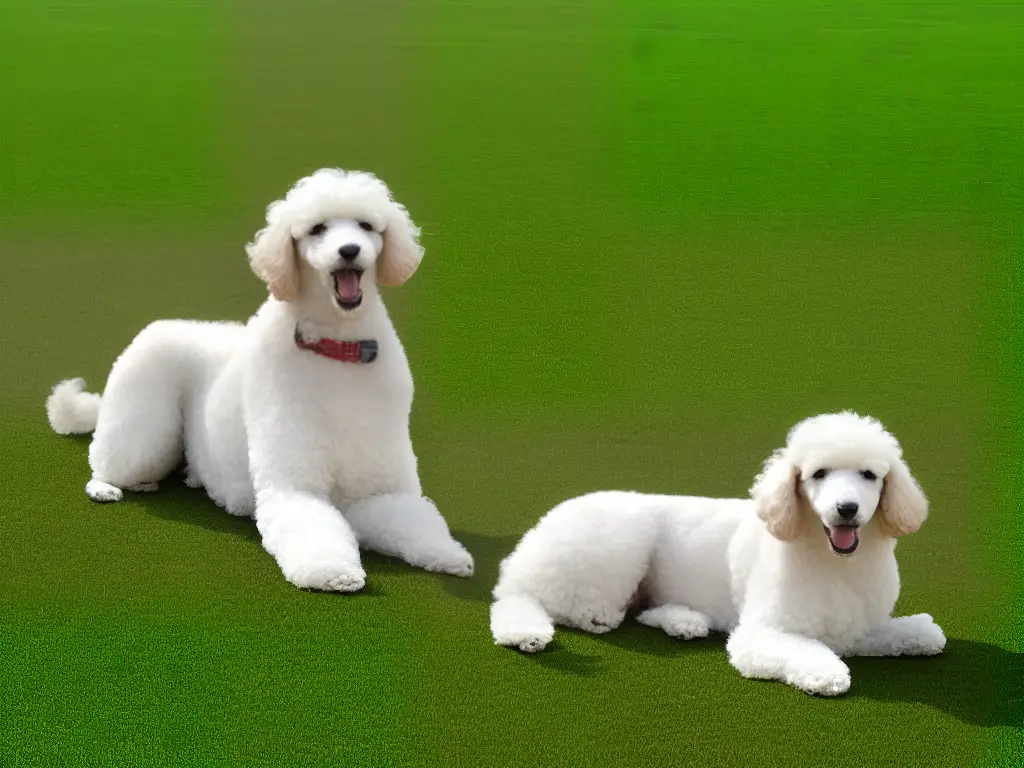 A white poodle sitting down on a grassy field with its tongue out