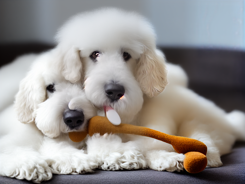 A white poodle sitting on a cozy dog bed with a chew toy in its mouth.