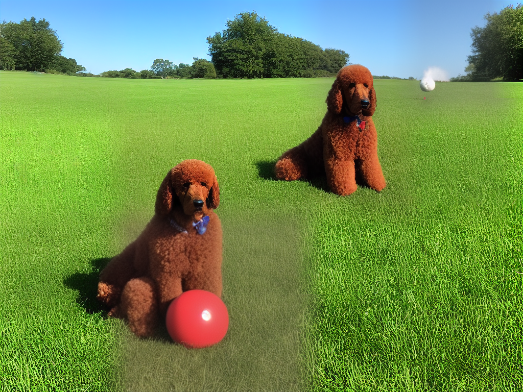 A Standard Poodle sitting in a field with a red ball beside it
