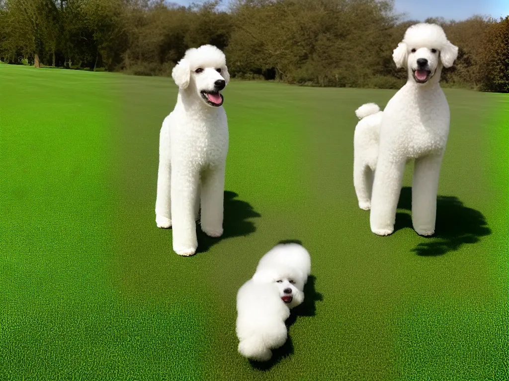 A white poodle standing on a grassy lawn, wagging its tail and looking up at its owner who is holding a treat.