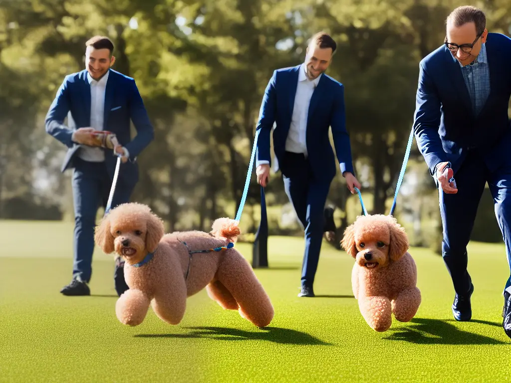 A toy poodle running on a leash with the owner in a park.