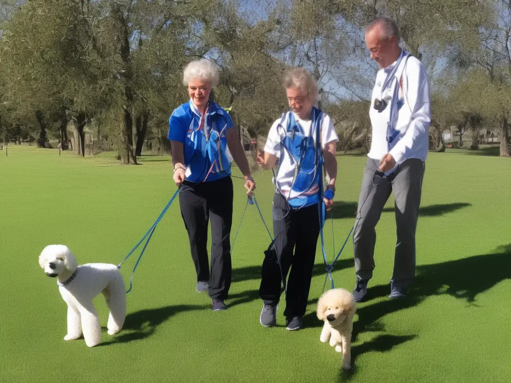 Image of a poodle mix on a leash going for a walk with its owner