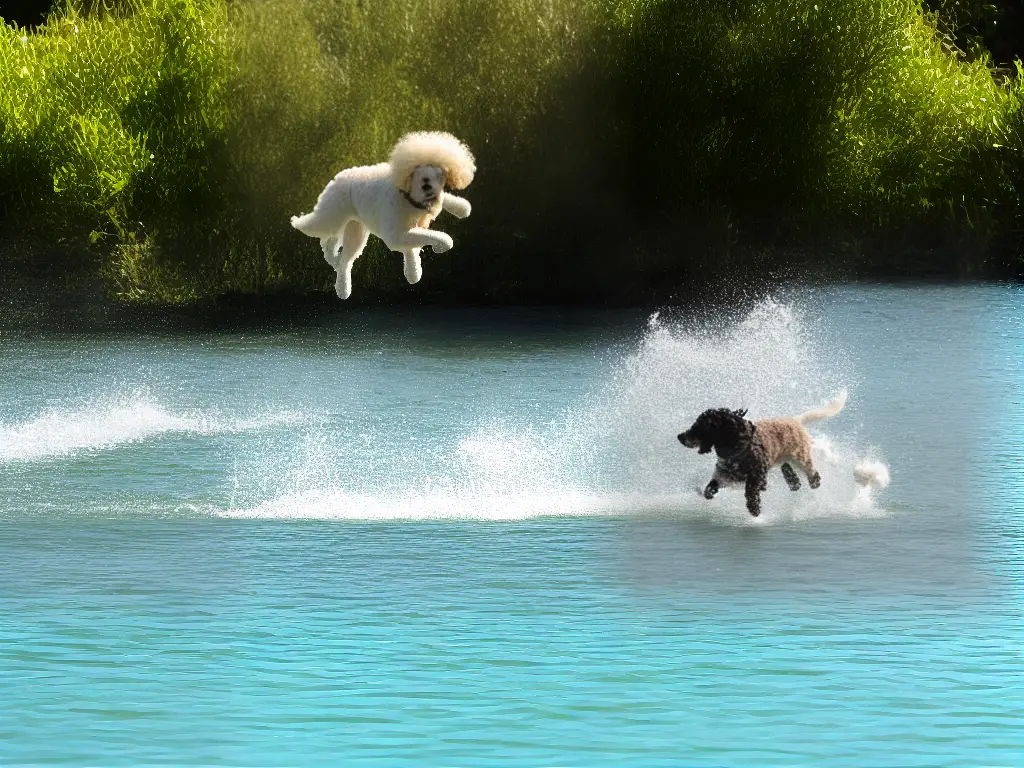 Image of a poodle running, swimming and playing fetch, with a human handler in the background.