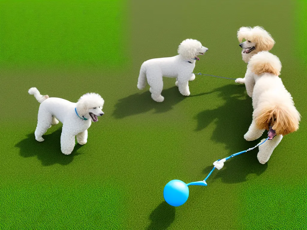An illustration of a poodle enthusiastically playing fetch with its owner.