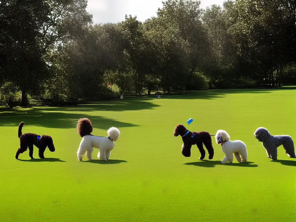 A Standard Poodle playing in a park with other dogs.