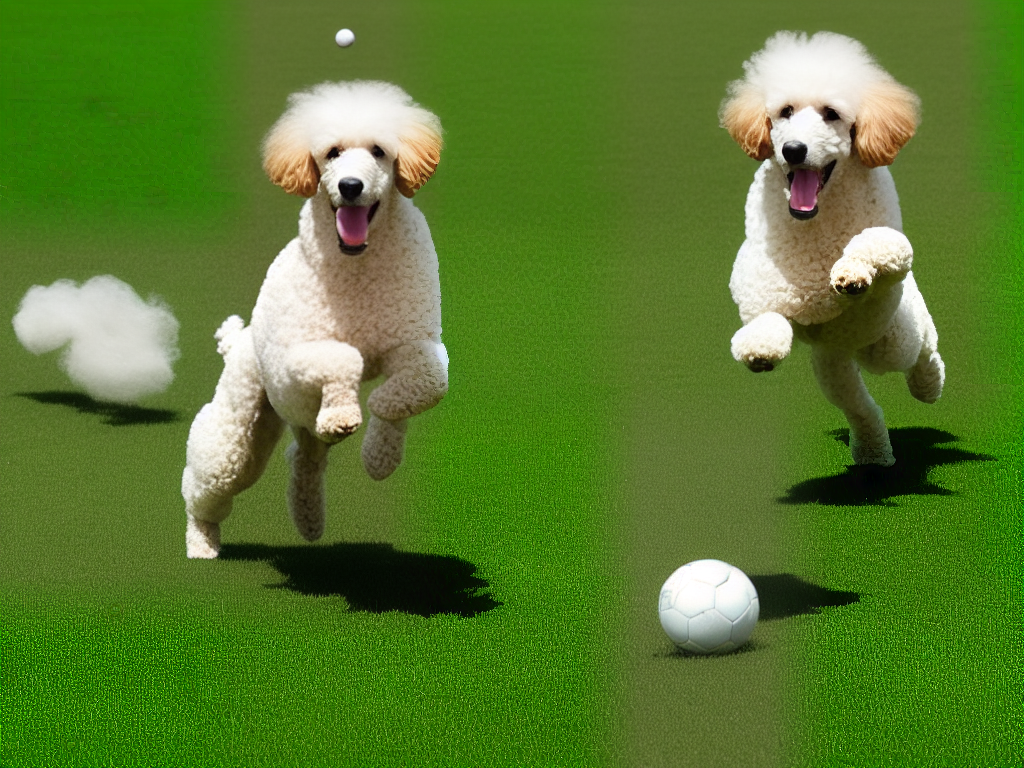 An image of a happy poodle playing fetch in a green park with a ball in its mouth.