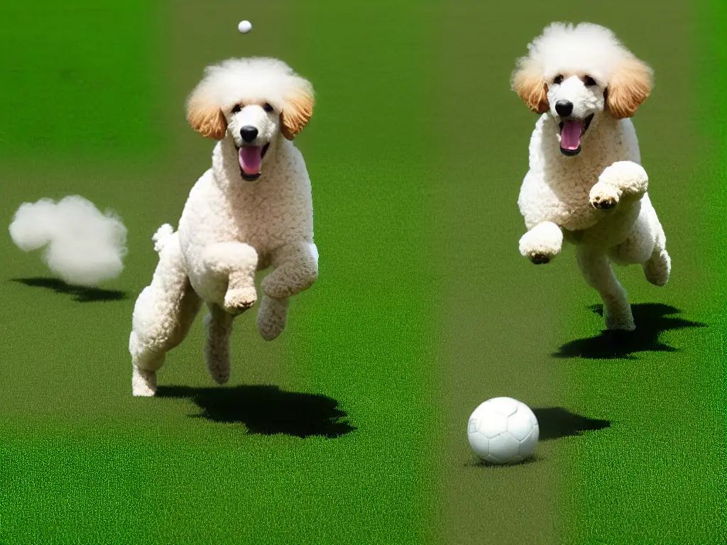 An image of a happy poodle playing fetch in a green park with a ball in its mouth.