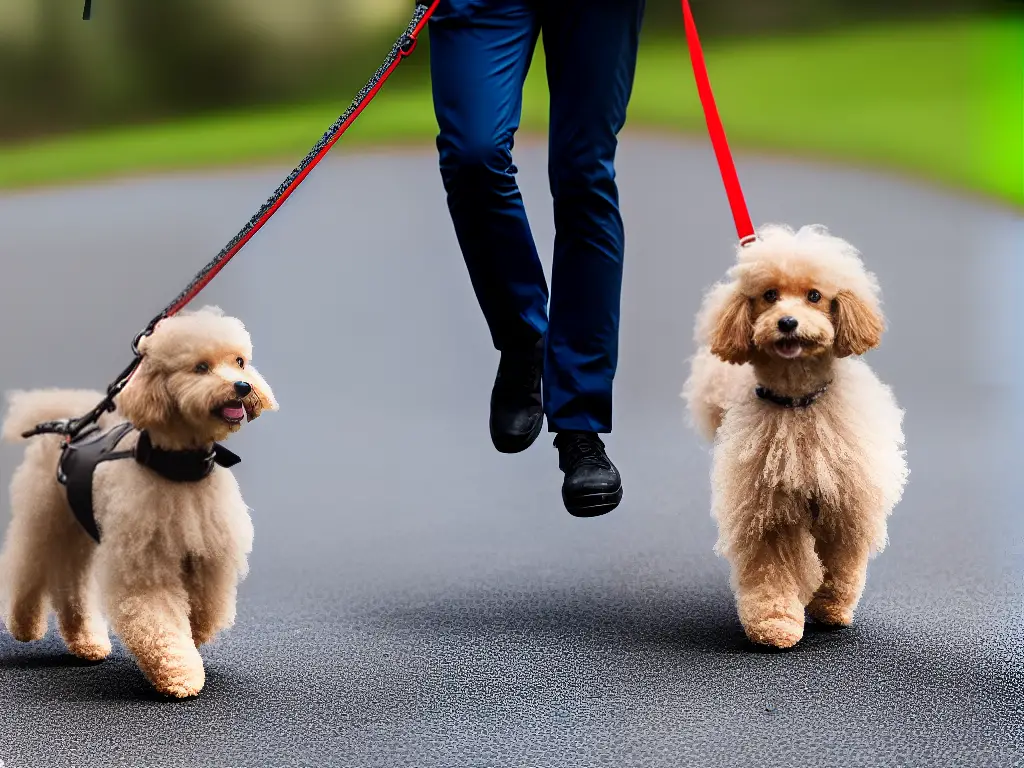A miniature poodle outdoors on a leash, being walked by its owner