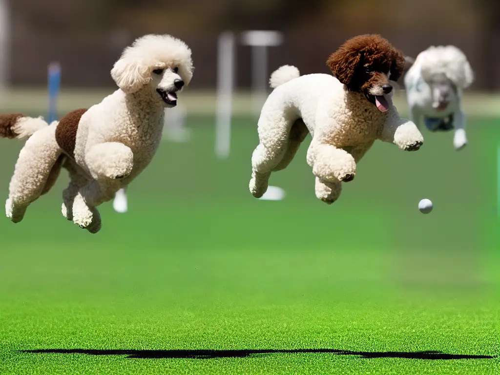 An image of a poodle running and jumping over agility equipment.