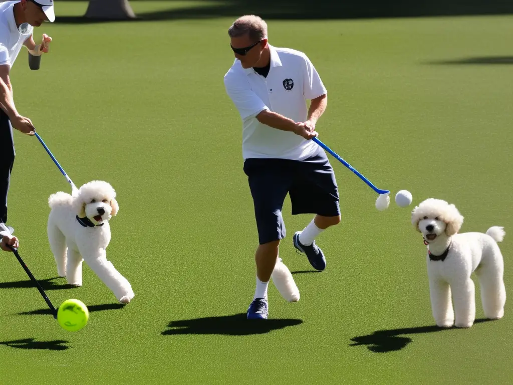 A poodle mix playing fetch in a park with its owner.