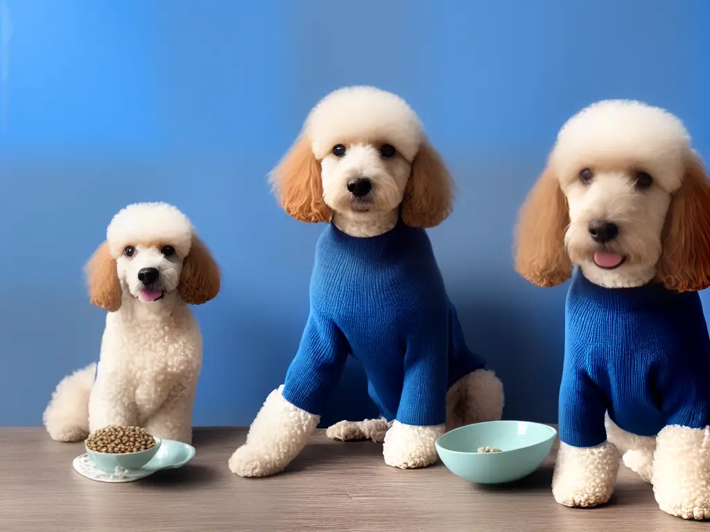 An image of a Poodle sitting next to a bowl of kibble on a blue background with a description of proper feeding instructions in the foreground.