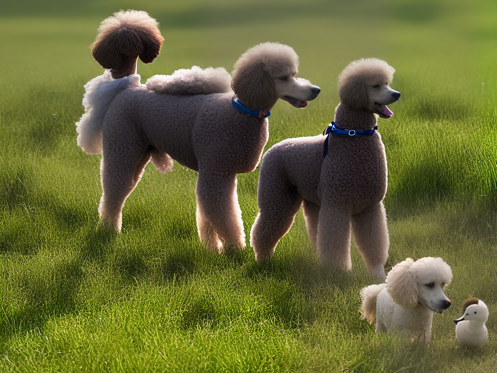 An image of a poodle in a field carrying a duck that it fetched from the water.