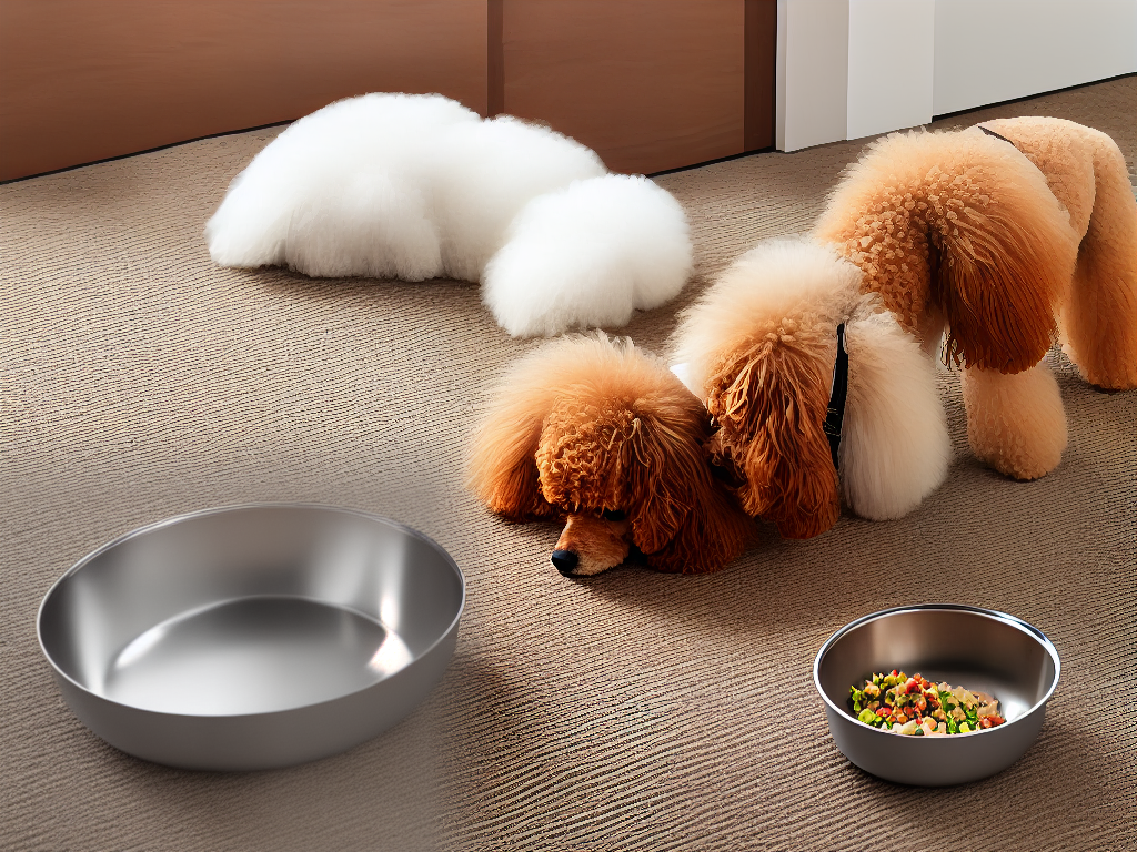 Image of a poodle eating from a stainless steel raised dog bowl with a silicone mat underneath.