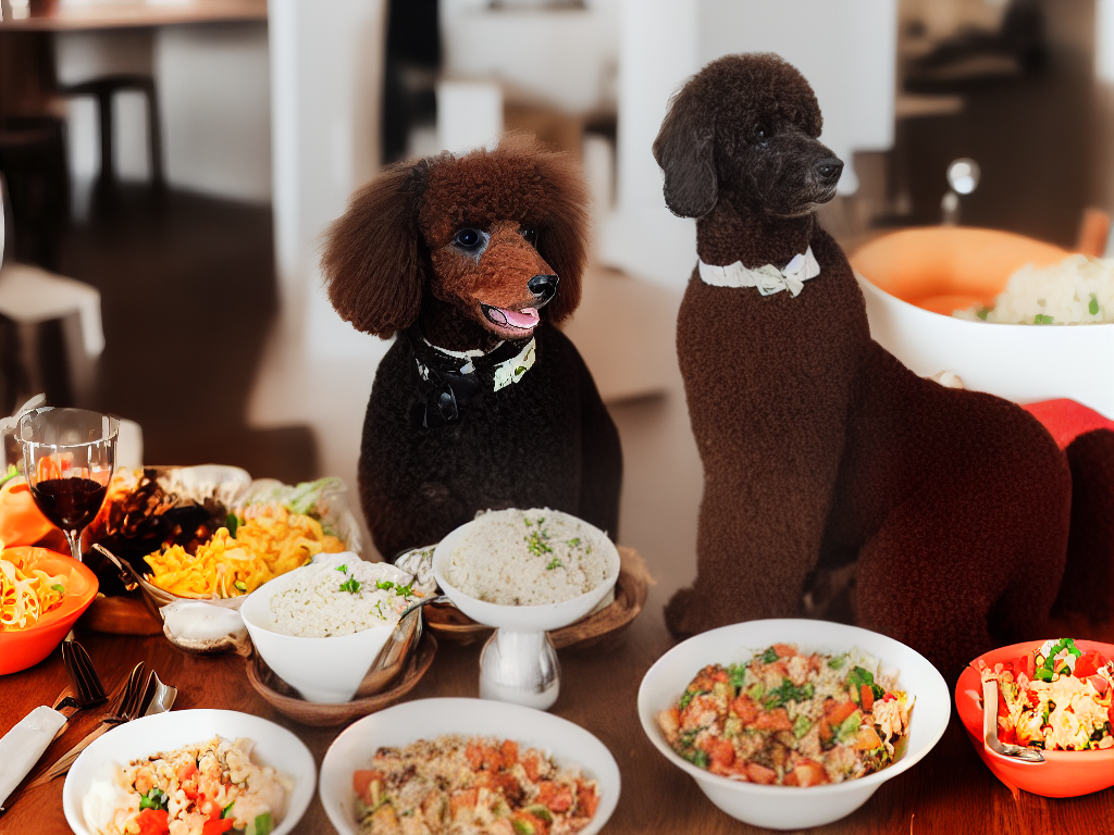 A cute poodle sitting in front of different types of homemade food in bowls, looking excited.