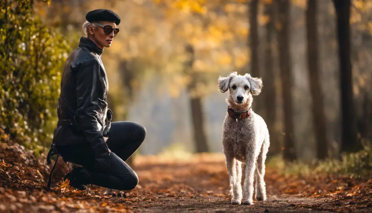 Image of a Poodle Greyhound mix, a dog with curly fur and a lean body, on a walk with their owner.