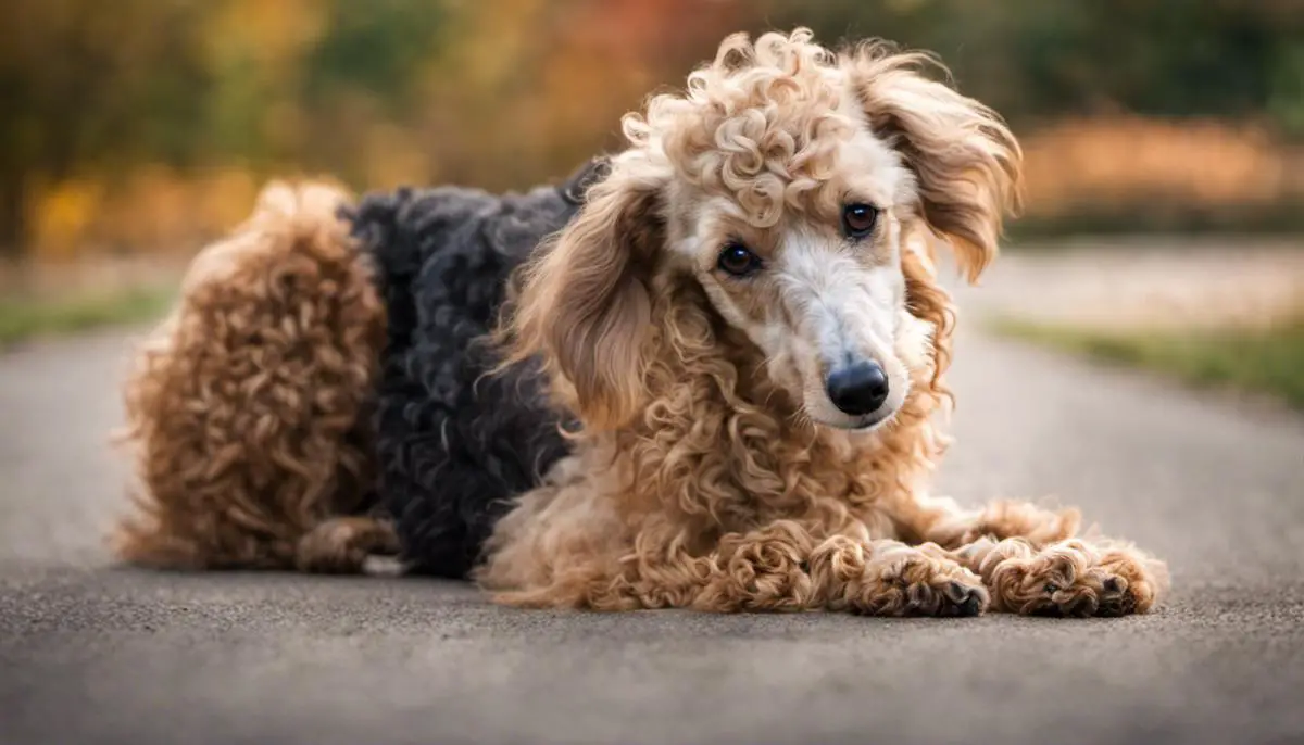 A photo of a Poodle Greyhound mix, showing its mix of curly and smooth fur.