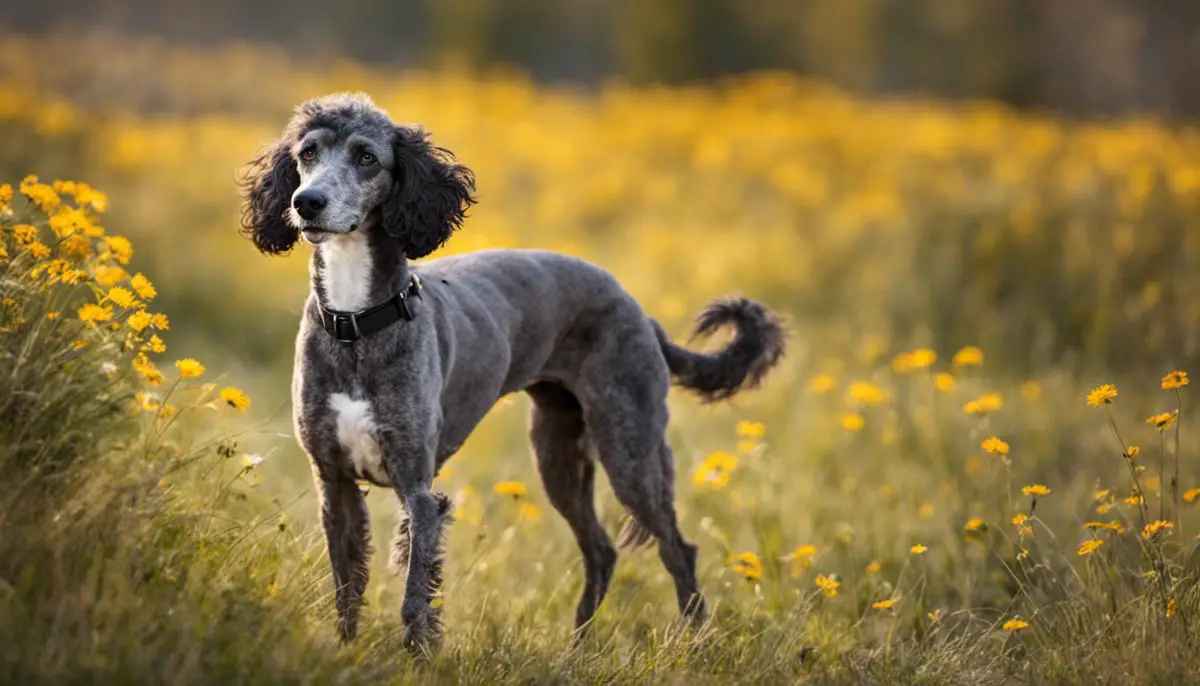 A photo of a Poodle Greyhound mix, showing its calm and friendly demeanor.