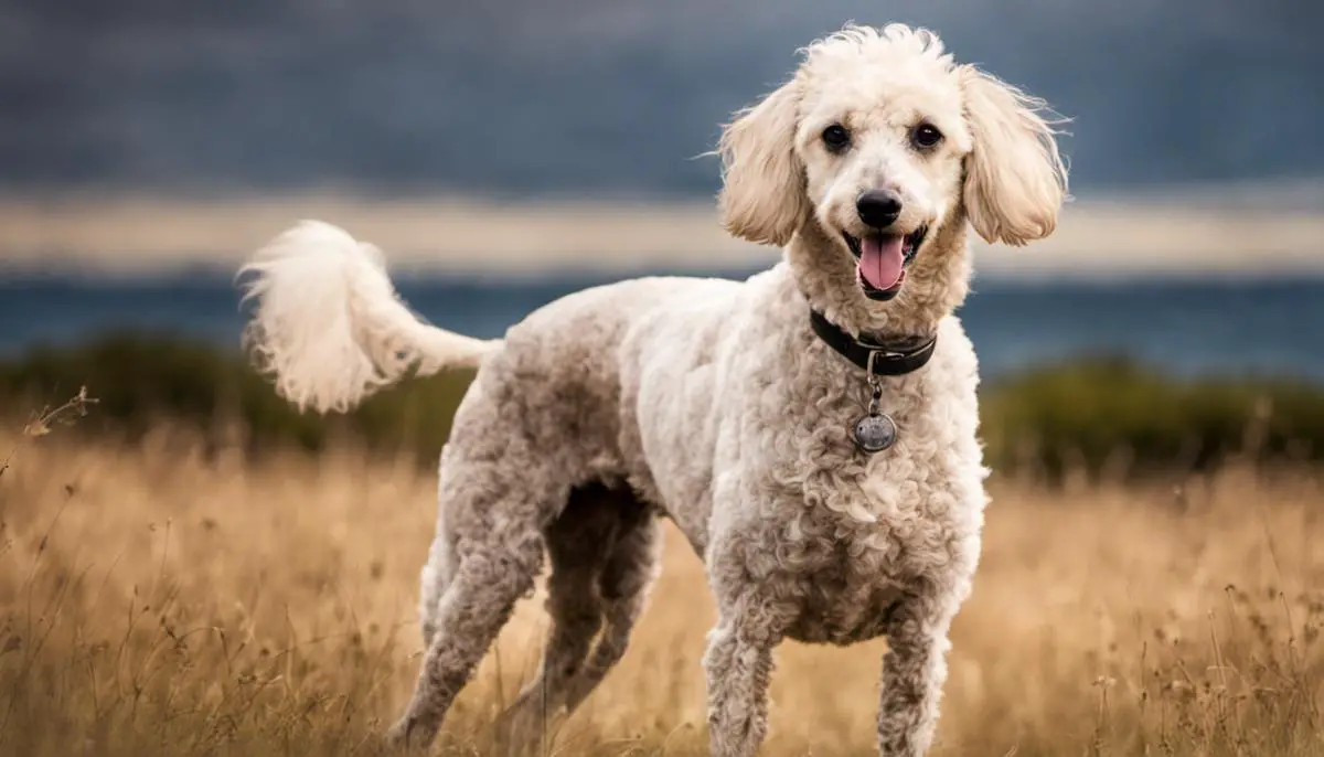 A photo of a Poodle Greyhound mix, showing its curly coat and elegant physique.