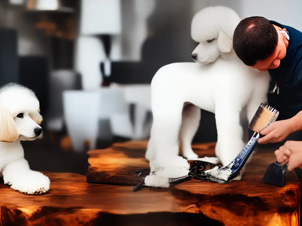 A person brushing the coat of a white poodle on a table with a comb and a brush.