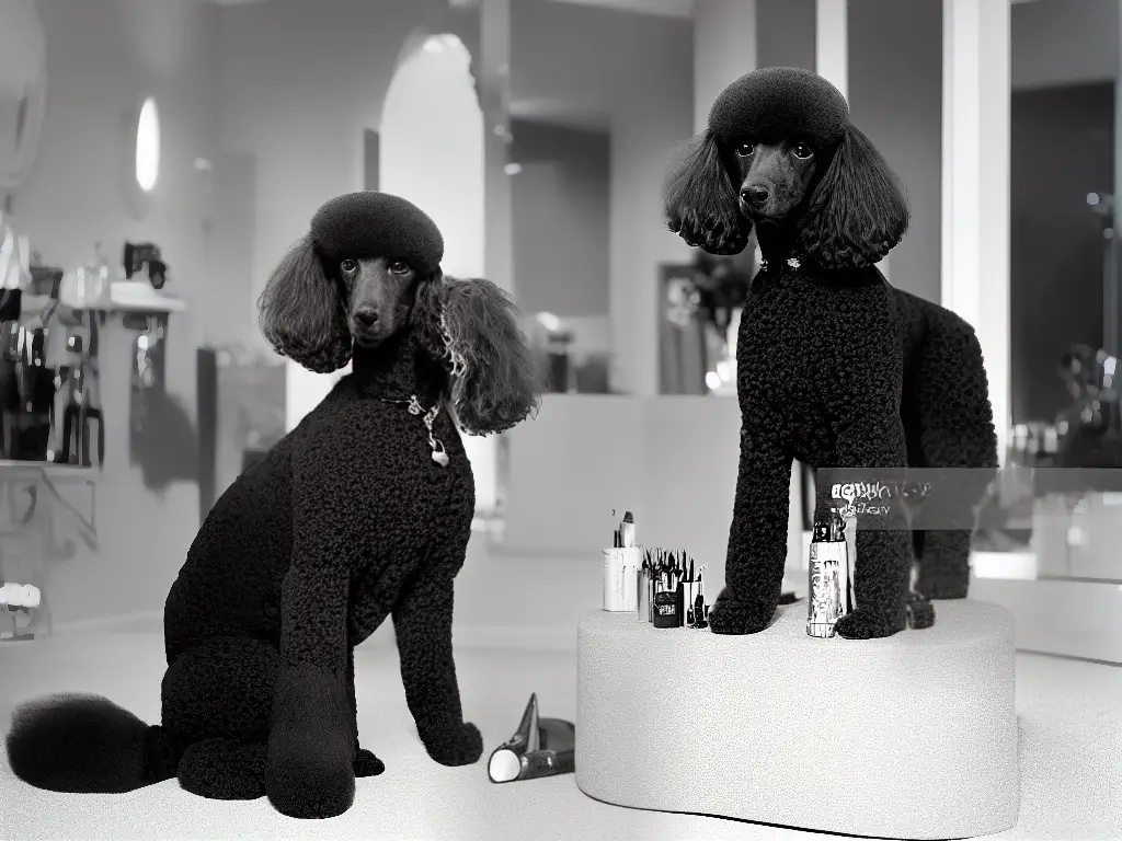 A cartoon image of a poodle standing on a pedestal with a shiny coat and sparkling eyes as a brush, comb, and shampoo sit on the floor.