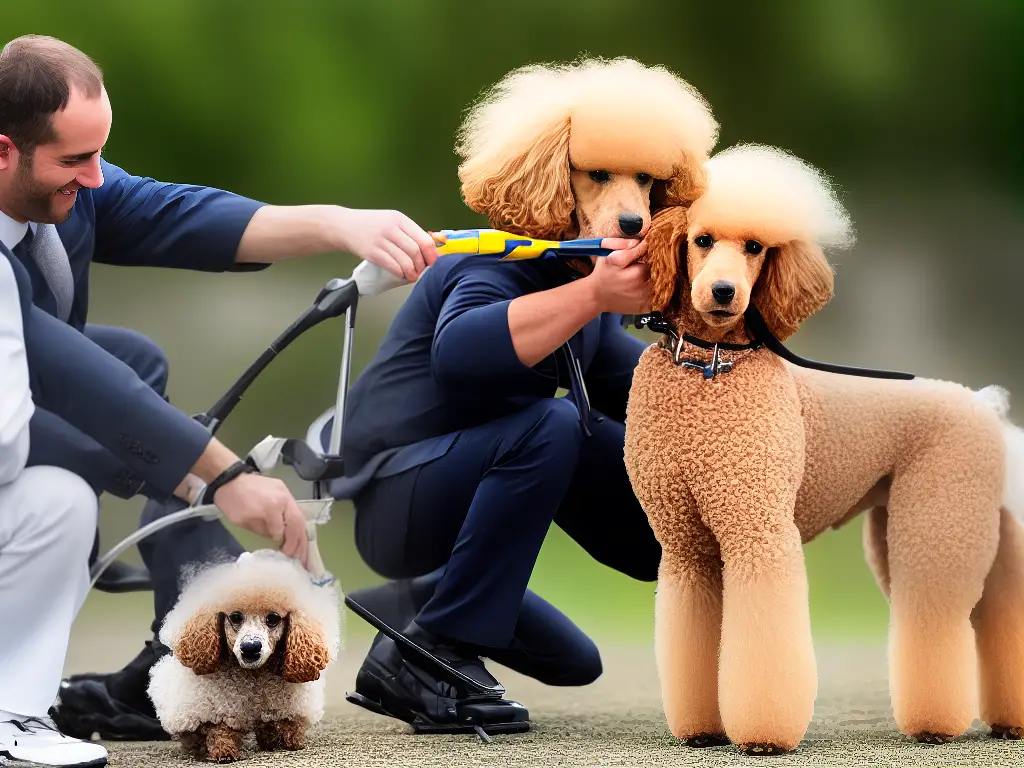 A poodle getting groomed with a brush and a comb by its owner.