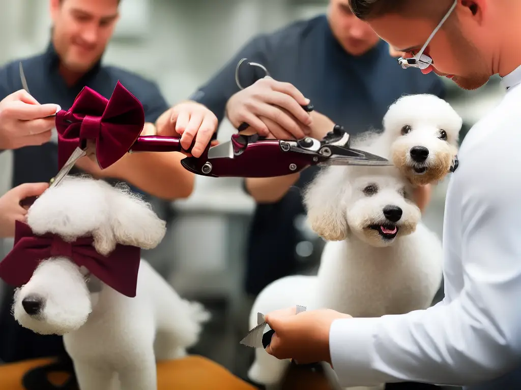 A white miniature poodle getting a haircut from a professional groomer with scissors and clippers. The groomer is wearing a maroon apron, and the dog has a blue bow on its head.