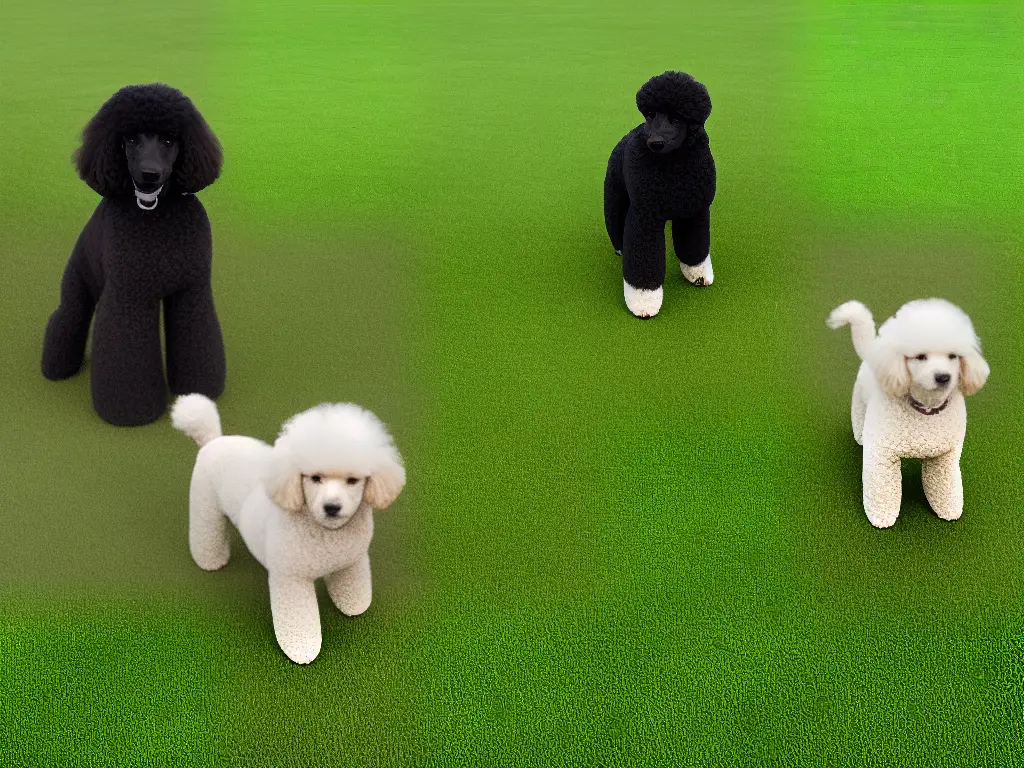 A photo of a poodle with a short coat and a clean groom standing on a green lawn