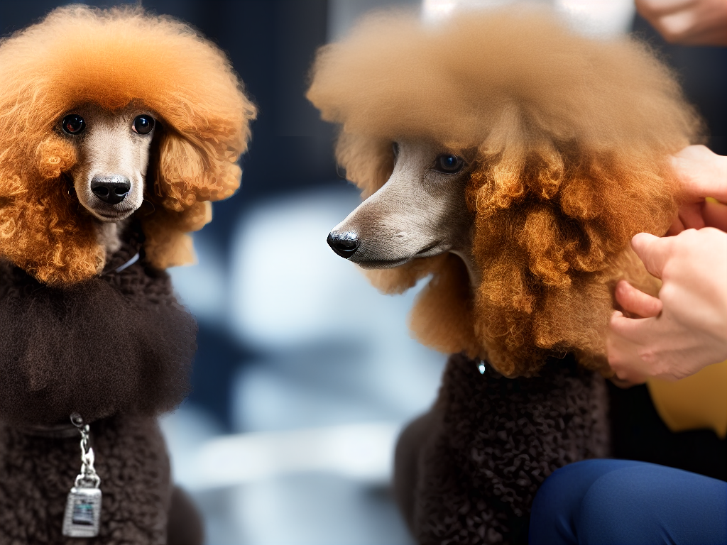 A small poodle with curly fur sitting calmly as its owner trims its fur.