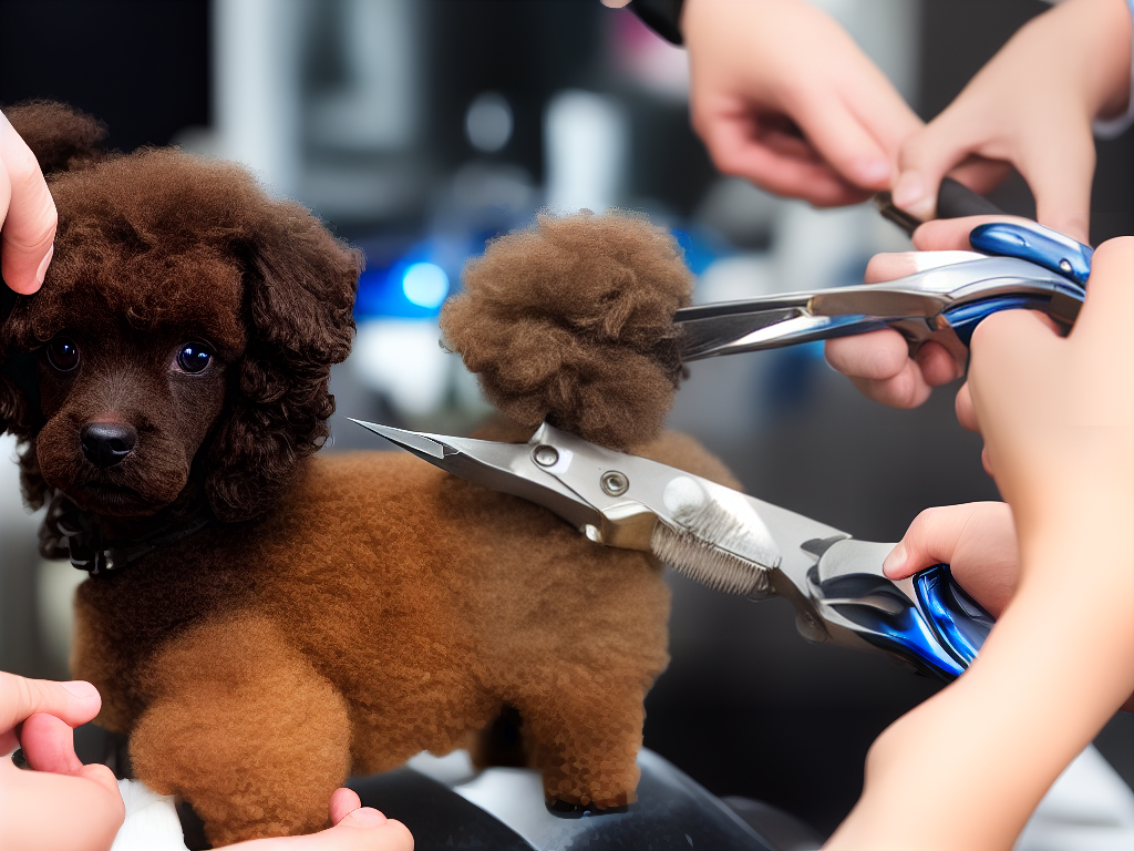 An image of a toy poodle getting a haircut, with clippers and scissors in the hands of the groomer.