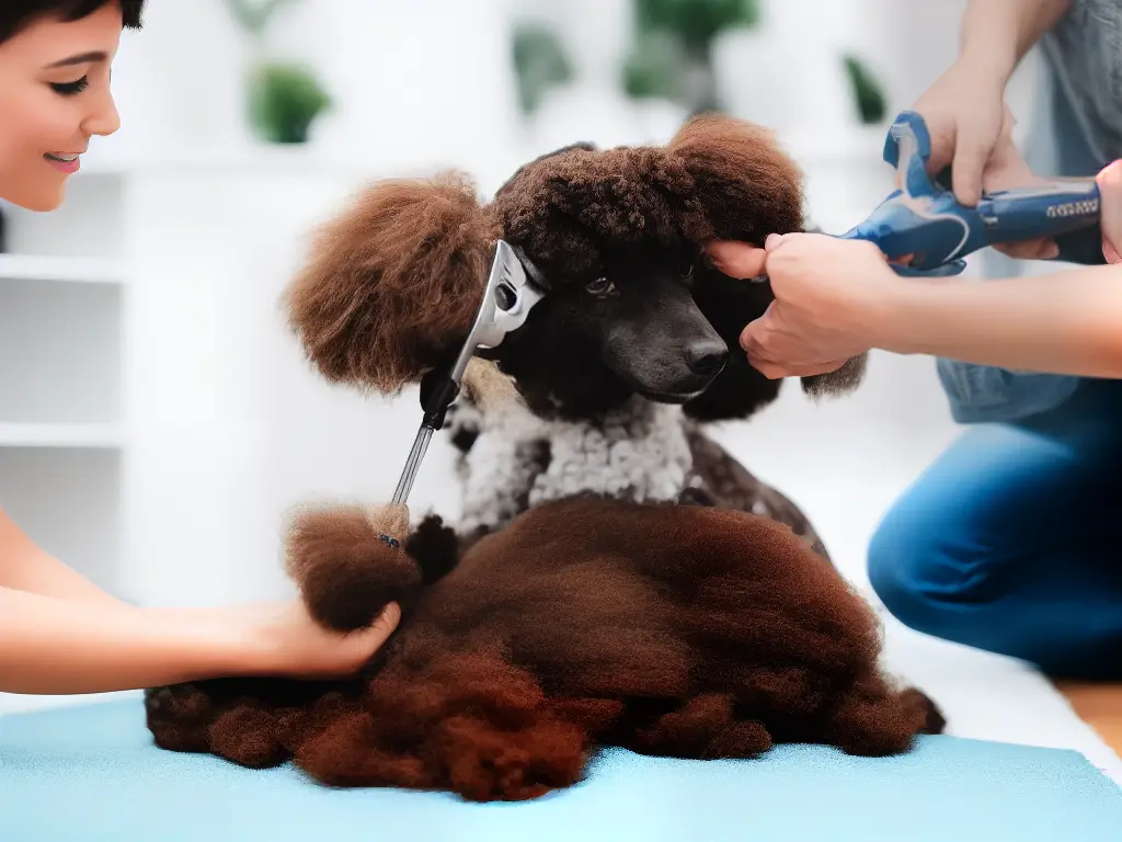 An image of a person brushing a poodle's fur to remove tangles