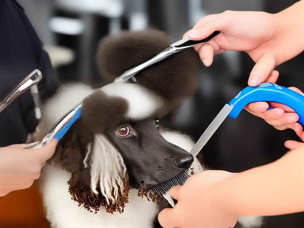 An image of a poodle being groomed with various grooming tools around it, including brushes, clippers, and combs.