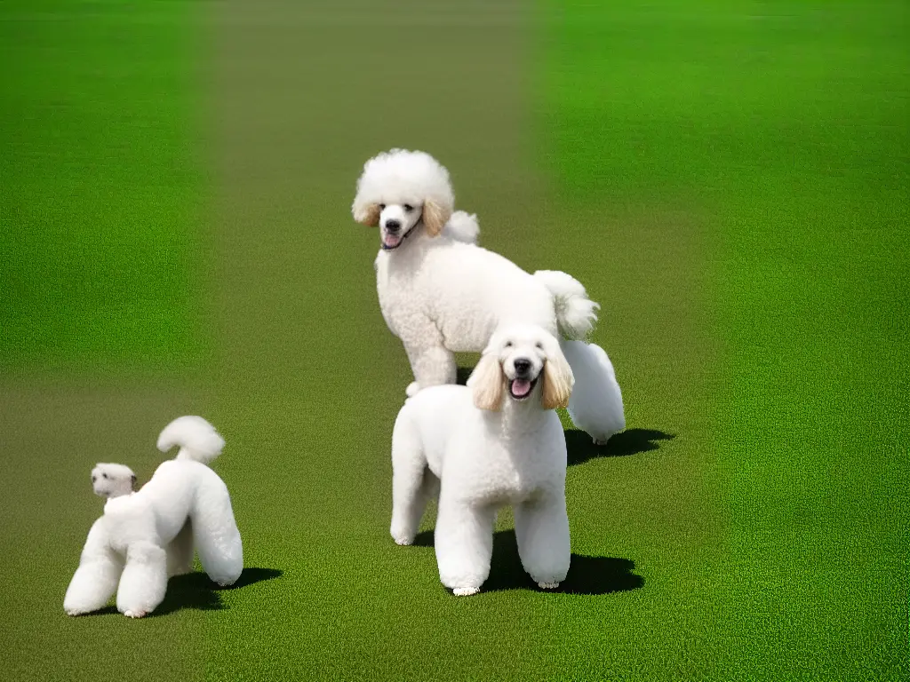 A white poodle with a well-maintained coat stands on a green grassy field on a sunny day