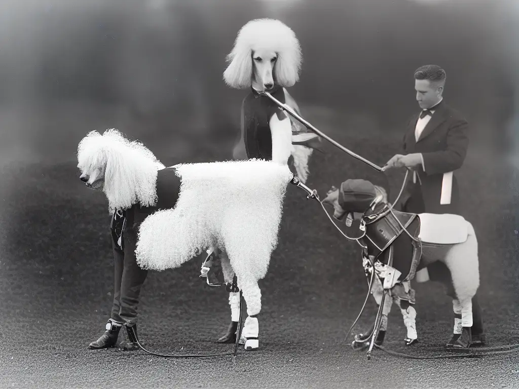 An illustration of a show poodle groomed in either the Continental or English Saddle clip with groomers using tools like slicker brush, pin brush, comb, grooming scissors, and electric clippers.